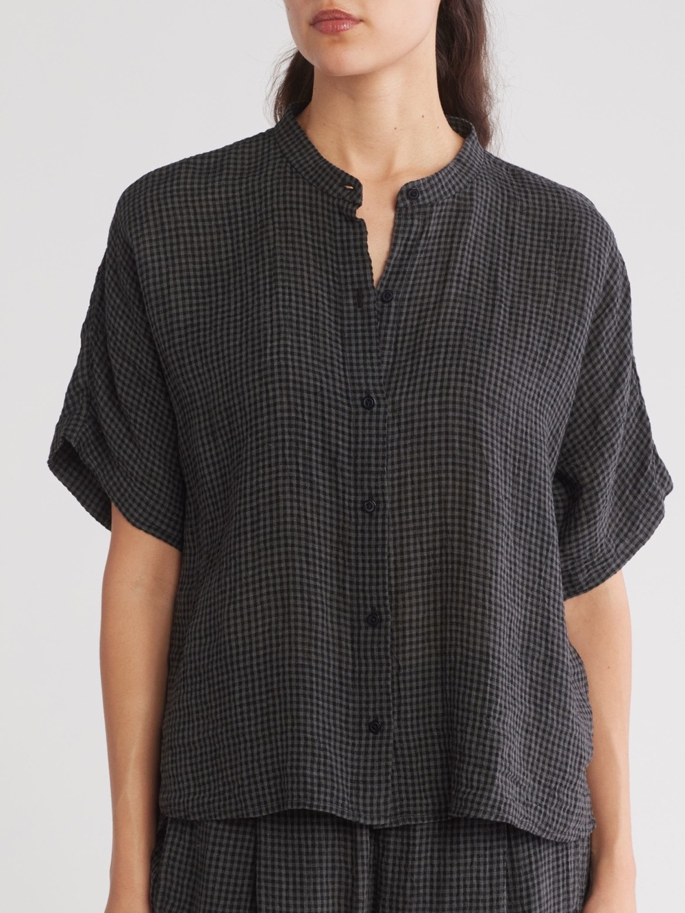 Eileen Fisher Organic Linen Mandarin Collar Shirt Black & Grey Check | 1X | EUC